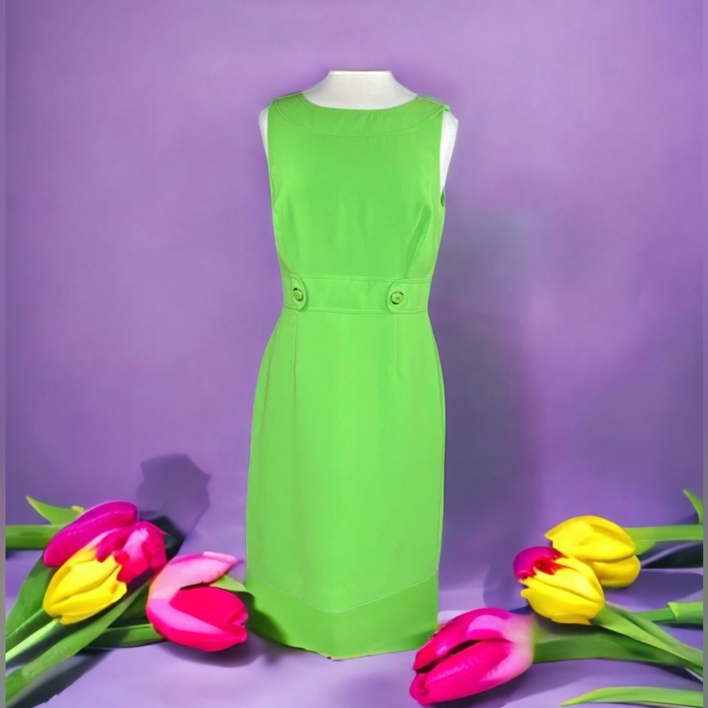 Tahari Arthur S Levine  VTG Shift Dress. Lime Green. Sleeveless Zip back 4P EUC